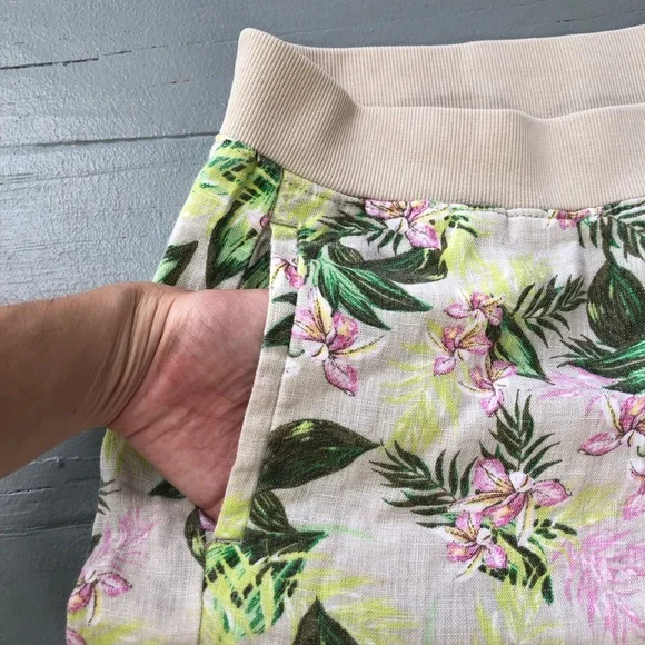 J Jill 100% Linen Pants Size L Flax Orchid Floral Tan Green Wide Leg Crop - Picture 4 of 12